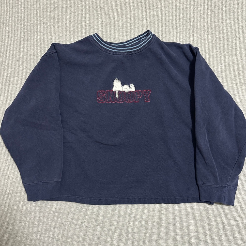 Peanuts Snoopy Embroidered Navy Blue Boxy Crop Crewneck Sweatshirt Ringer Neck